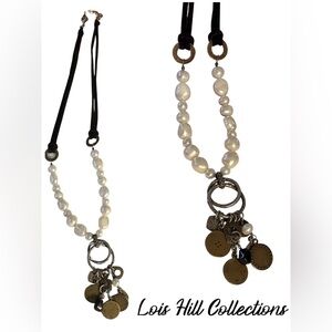Lois Hill Sterling Silver Freshwater Pearl Multi-Charm Suede Necklace Vintage
